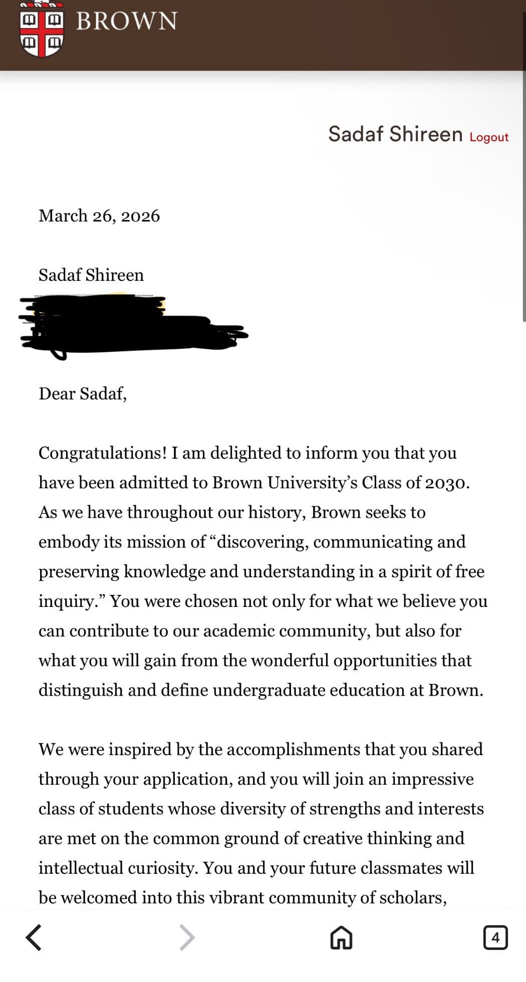 Brown University acceptance