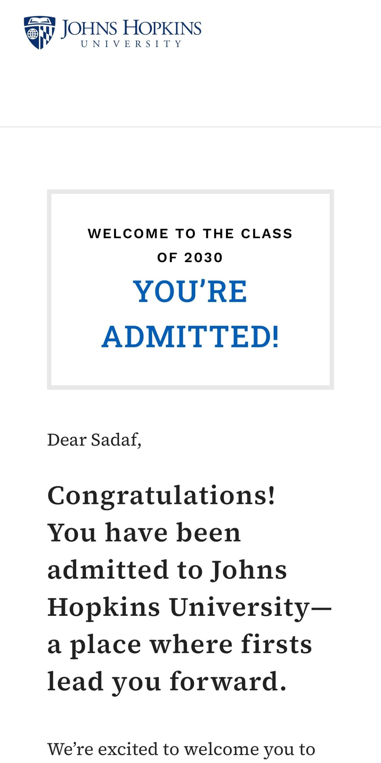 Johns Hopkins University acceptance