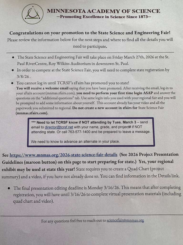 Minnesota Academy of Science state science fair promotion letter