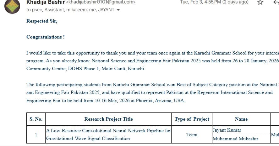 Official letter confirming qualification to represent Pakistan at Regeneron ISEF 2026